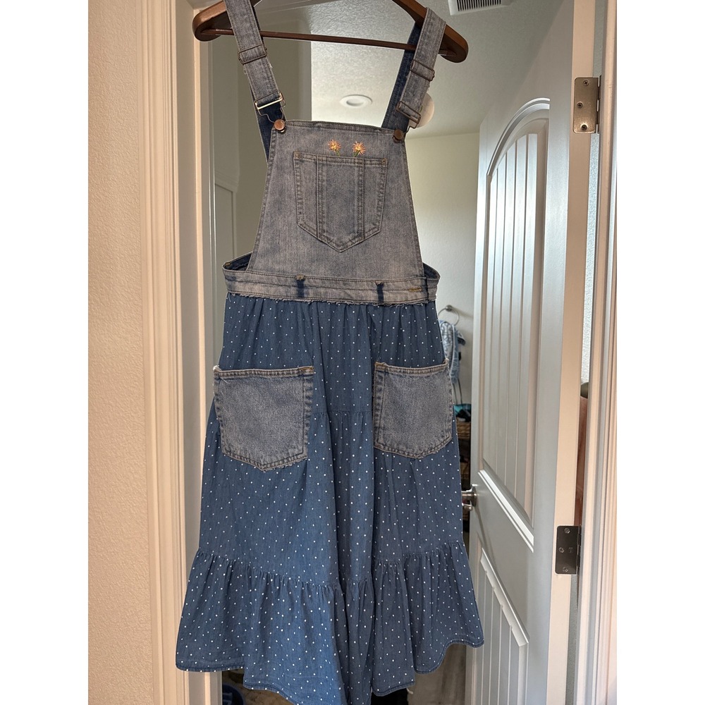 Upcycled Denim Prairie Overall Dress Cottagecore Boho Patchwork Midi Polka dot - Picture 2 of 6